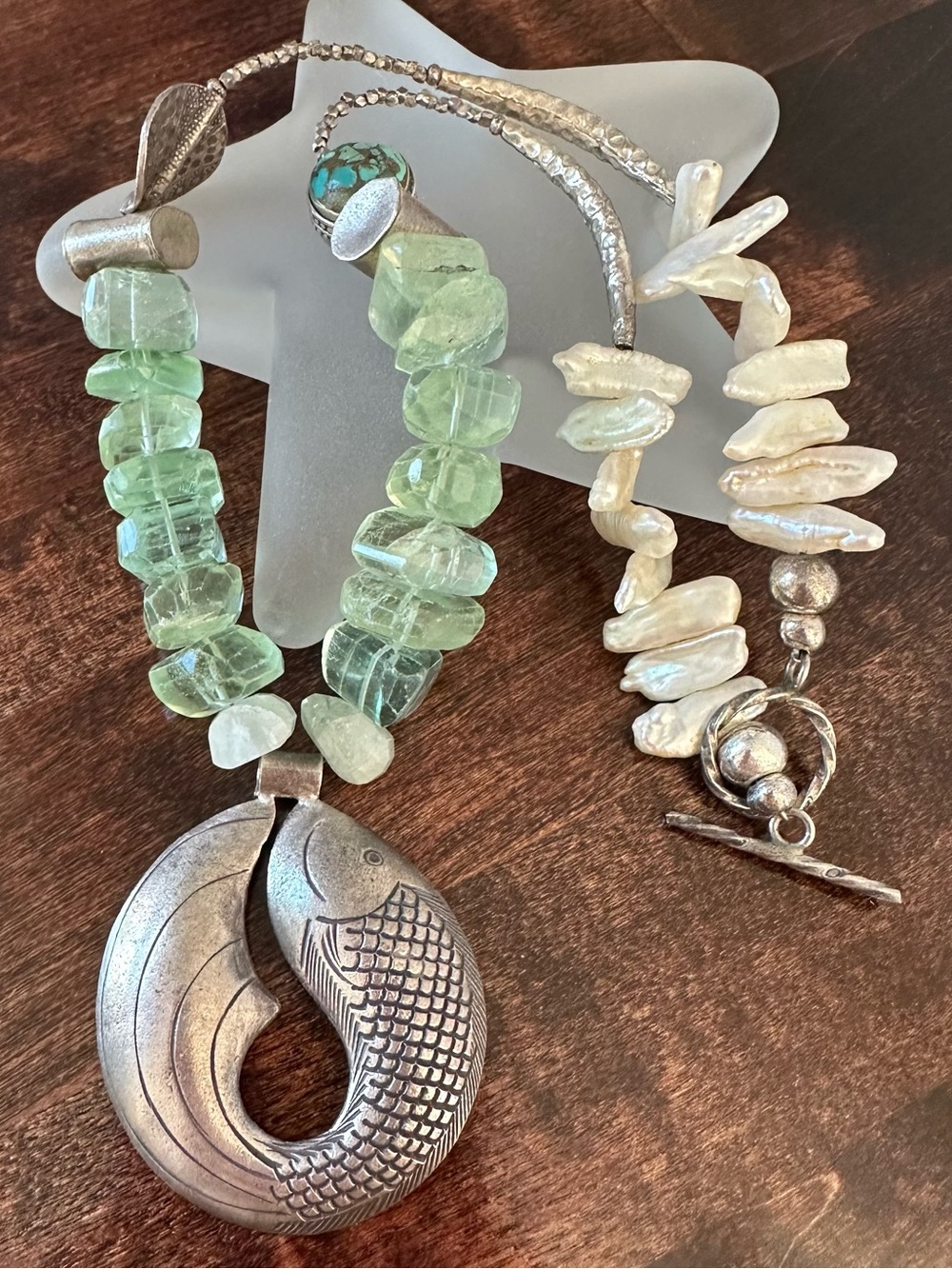 Artisan made quartz & pearl necklace, 18 in